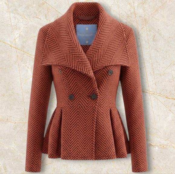 Free People Rust/orange Brown Herringbone Jacket Size M